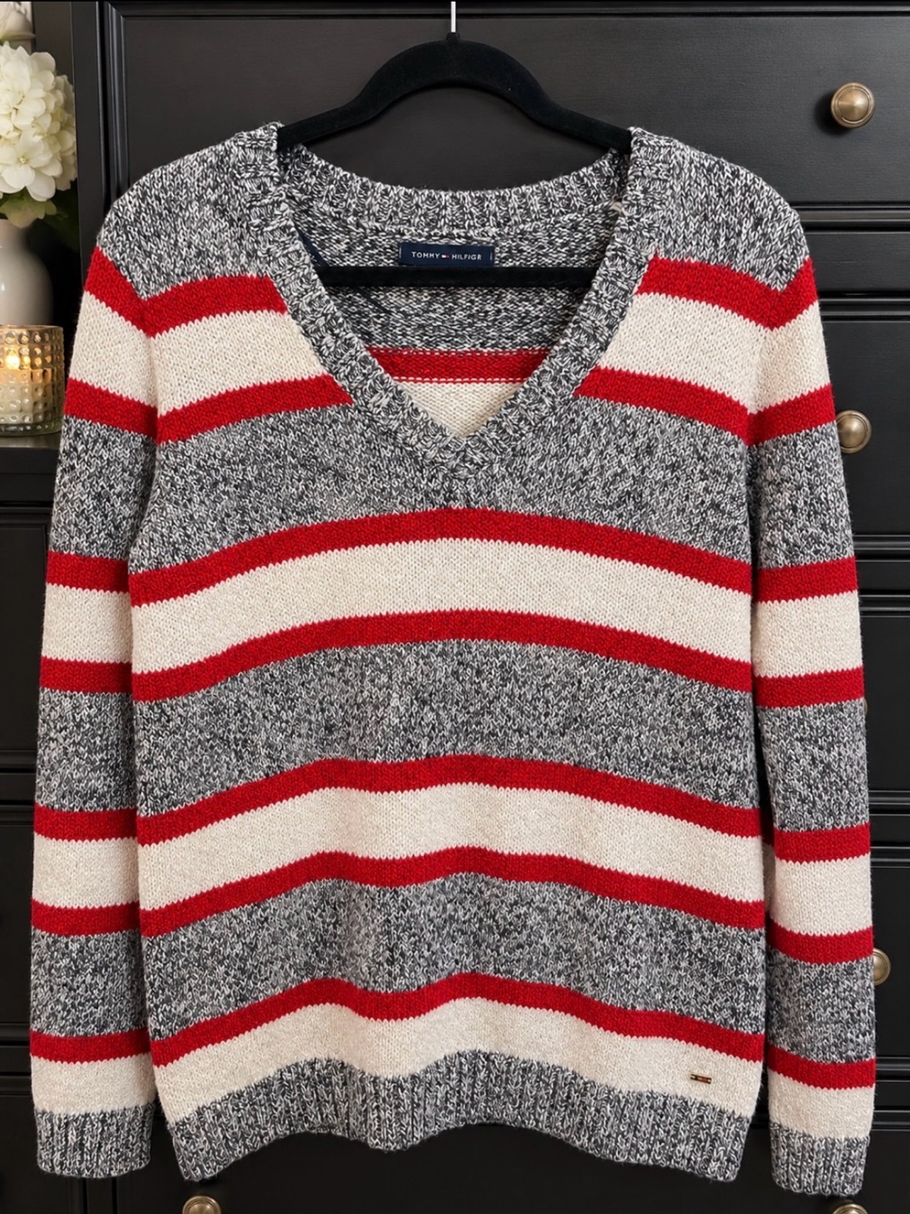 Tommy Hilfiger Red, Cream & Gray Striped V-Neck Sweater
